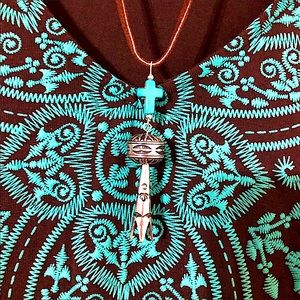 TURQUOISE CROSS SILVER SQUASH BLOSSOM LONG BROWN LEATHER NECKLACE TIE AS DESIRED